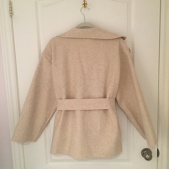 Coat: Women's Light Beige Oatmeal Wool Look Felt Belted Coat Jacket - Picture 3 of 12